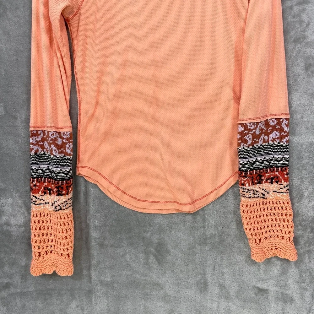 Free People Large In‎ The Mix Desert Orange Crochet Cuff Waffle Knit Thermal Top